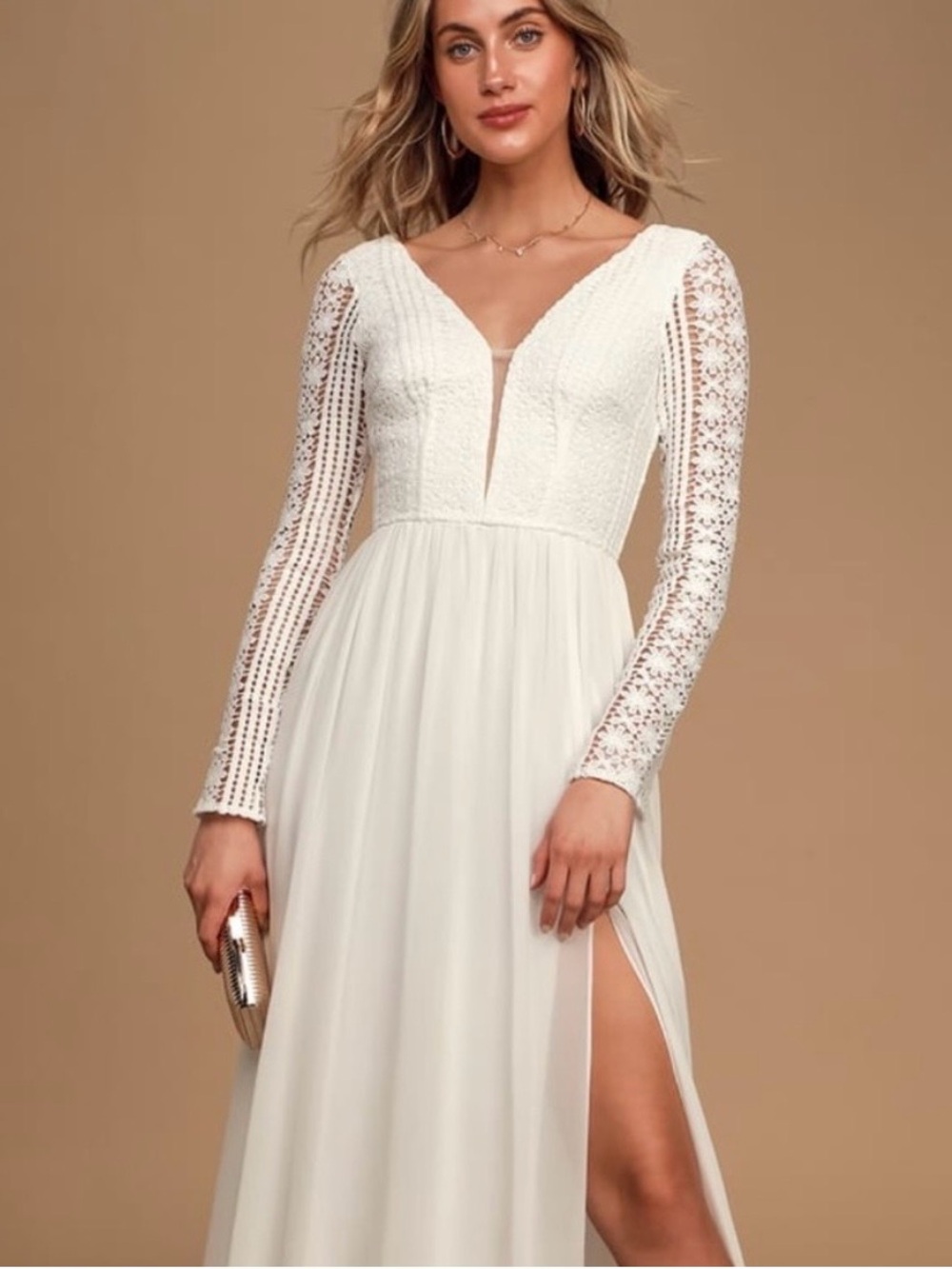 Lulus Ivory Lace Long-Sleeve V-Neck Boho Maxi Dress NWT- Size M